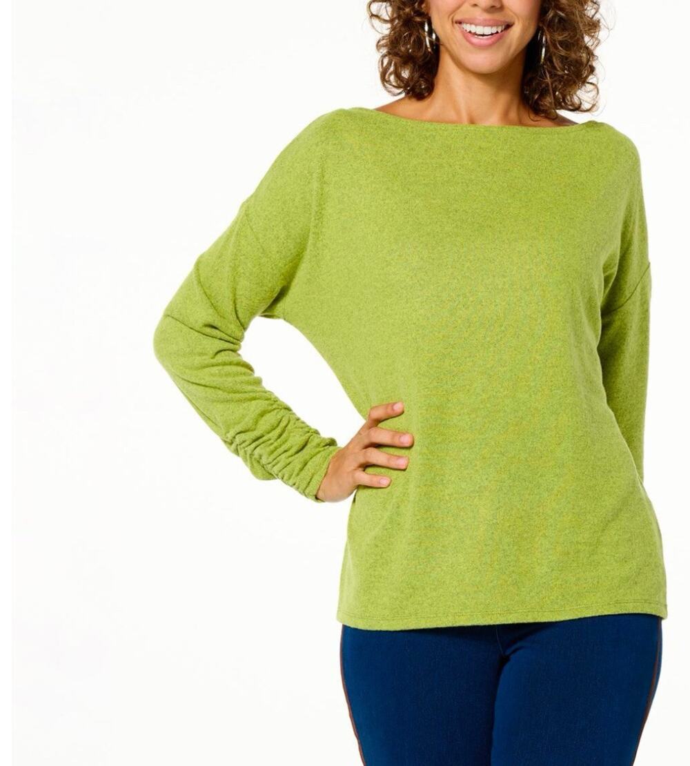 DG2 Diane Gilman Sweater Sz M Rouched Sleeve Green Knit Boat-neck Office Casual